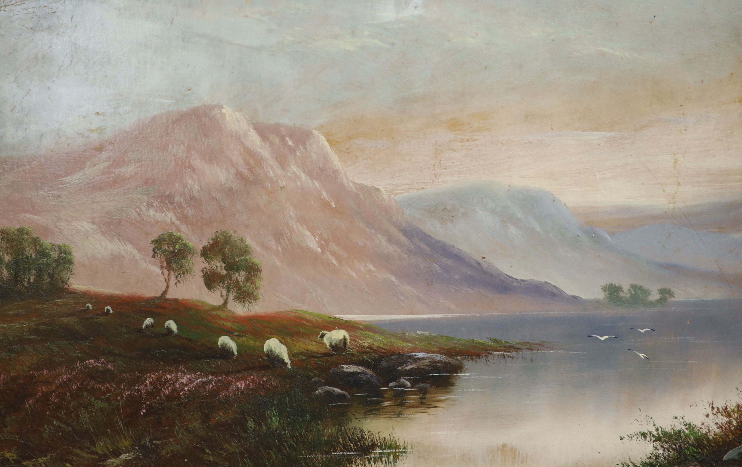 19th century English School, oil on canvas, Children playing on a five bar gate, indistinctly signed and a pair of oils on board, Highland lake landscapes with cattle and sheep grazing